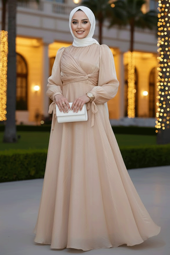 Drape Detaylı Bisküvi Tesettür Abiye Elbise 4823BS - 1