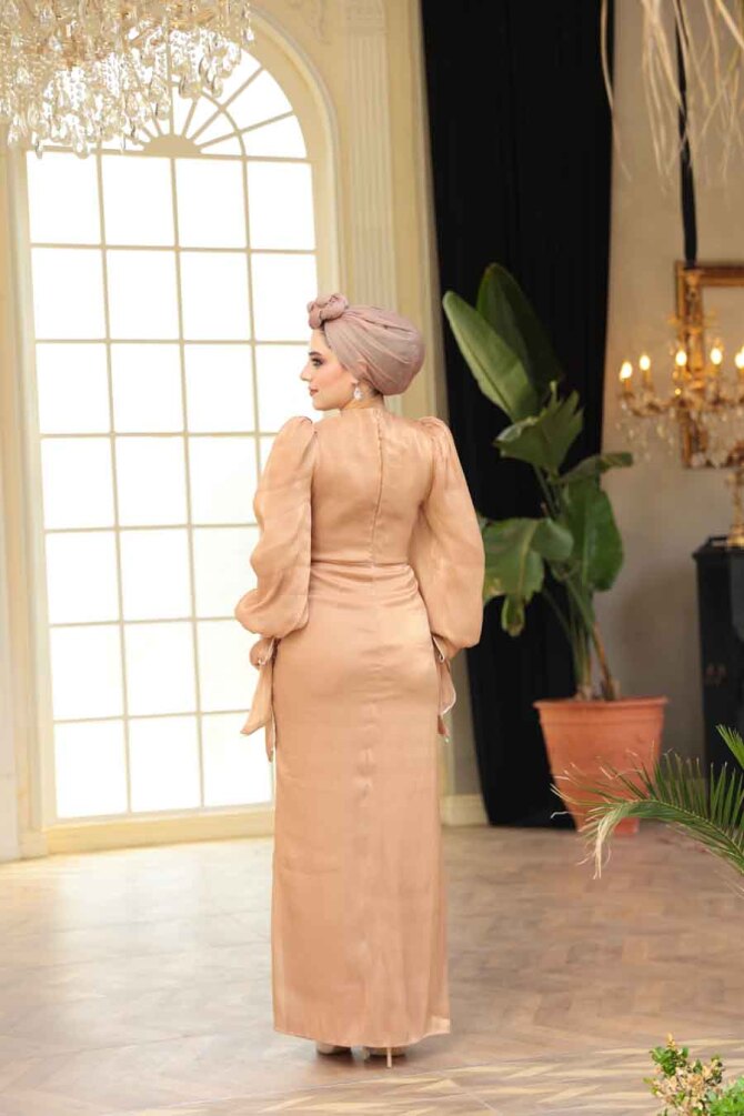 Drape Detaylı Bisküvi Tesettür Abiye Elbise 50193BS - 5