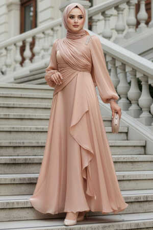 Drape Detaylı Bisküvi Tesettür Abiye Elbise 51641BS 