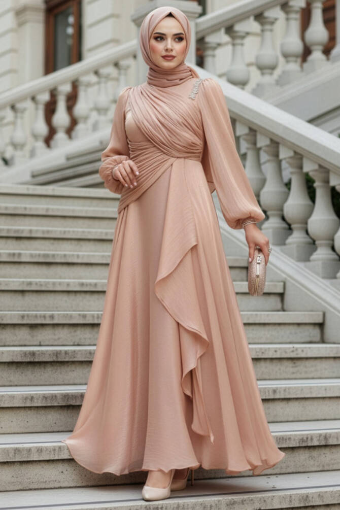 Drape Detaylı Bisküvi Tesettür Abiye Elbise 51641BS - 1