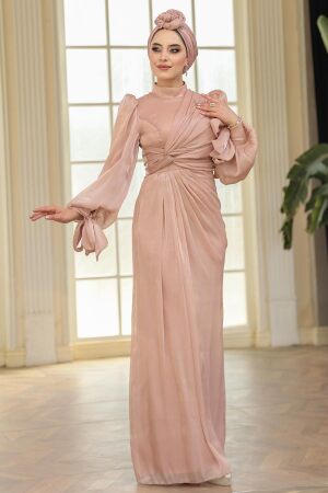 Drape Detaylı Bisküvi Tesettür Abiye Elbise 52285BS - 2