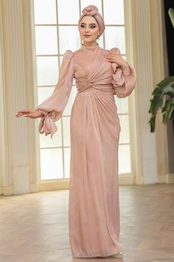 Drape Detaylı Bisküvi Tesettür Abiye Elbise 52285BS - 2
