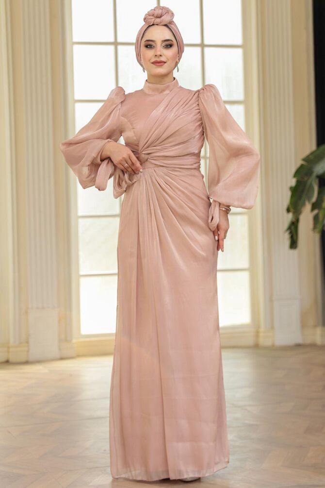 Drape Detaylı Bisküvi Tesettür Abiye Elbise 52285BS - 5