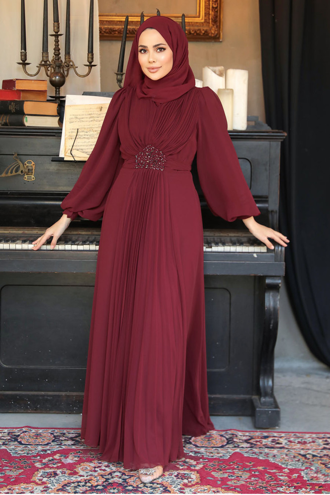 Drape Detaylı Bordo Tesettür Abiye Elbise 4448BR - 2