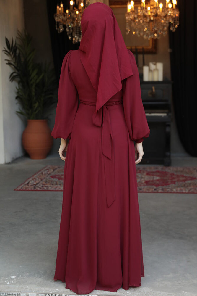 Drape Detaylı Bordo Tesettür Abiye Elbise 4448BR - 4