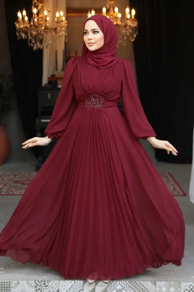 Drape Detaylı Bordo Tesettür Abiye Elbise 4448BR - 1