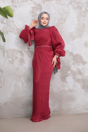 Drape Detaylı Bordo Tesettür Abiye Elbise 50193BR - 2