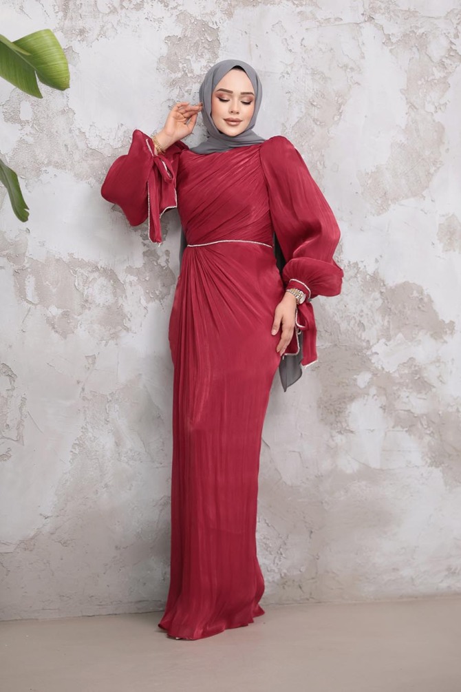 Drape Detaylı Bordo Tesettür Abiye Elbise 50193BR - 2