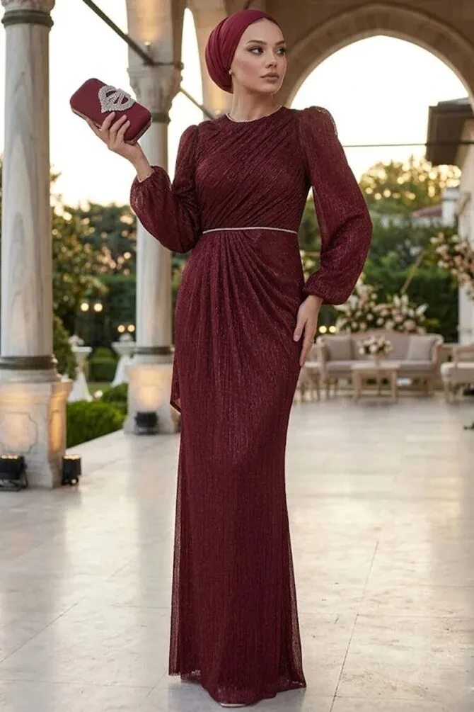  Drape Detaylı Bordo Tesettür Abiye Elbise 55172BR - 1
