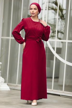 Drape Detaylı Bordo Tesettür Elbise 30002BR - 1