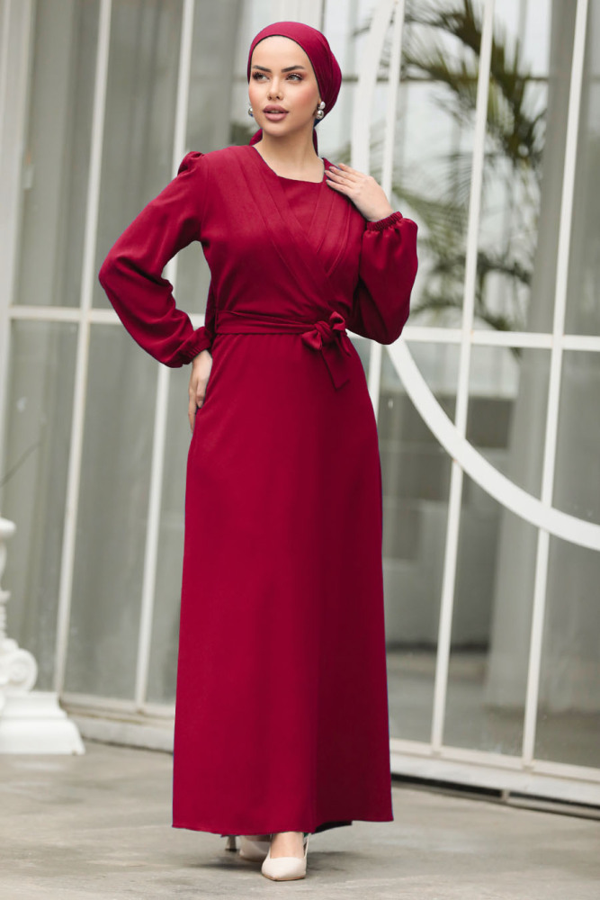 Drape Detaylı Bordo Tesettür Elbise 30002BR - 1