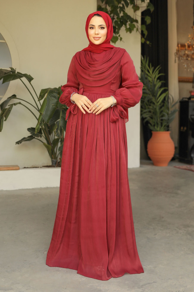 Drape Detaylı Bordo Tesettür Elbise 44591BR - 1
