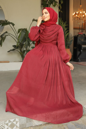 Drape Detaylı Bordo Tesettür Elbise 44591BR - 2