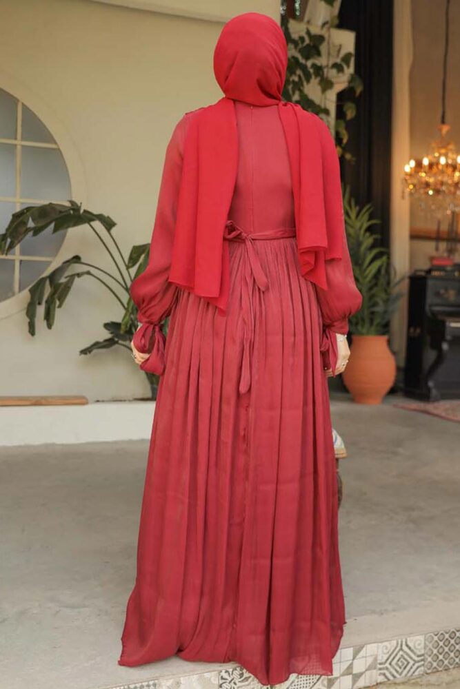 Drape Detaylı Bordo Tesettür Elbise 44591BR - 3
