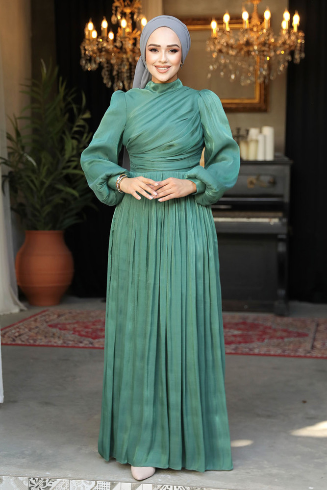 Drape Detaylı Çağla Yeşili Tesettür Abiye Elbise 44081CY - 3