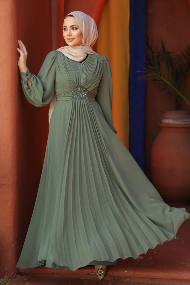 Drape Detaylı Çağla Yeşili Tesettür Abiye Elbise 4448CY - 2