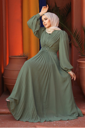Drape Detaylı Çağla Yeşili Tesettür Abiye Elbise 4448CY - 4