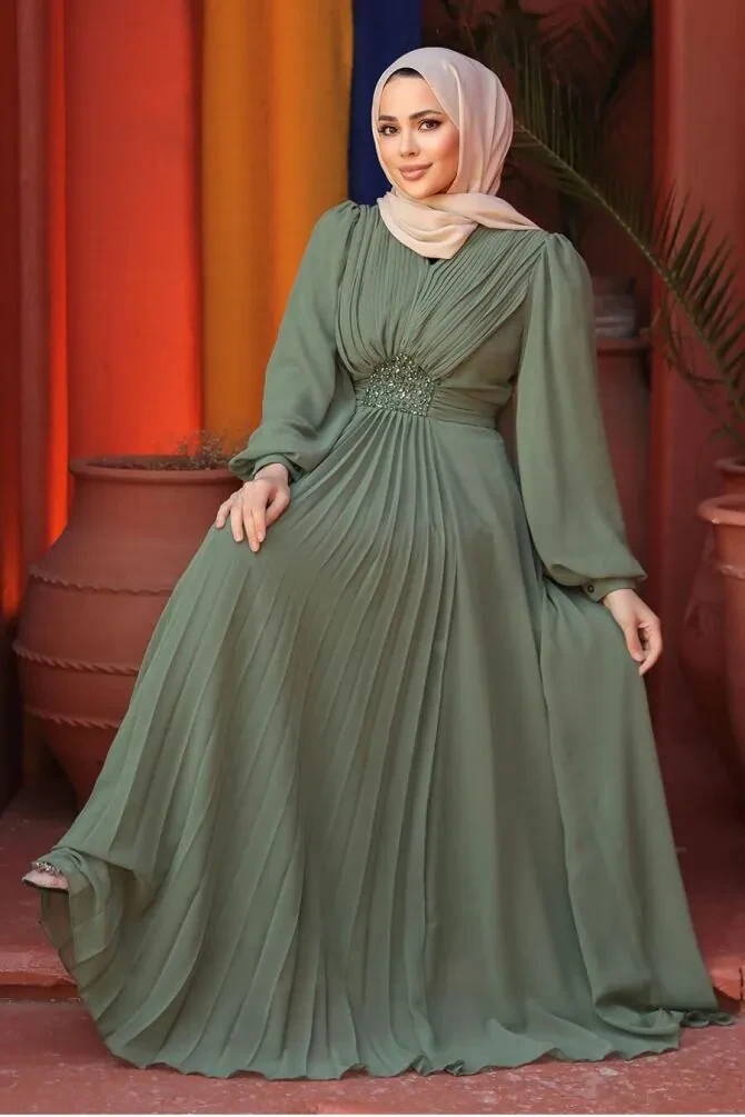 Drape Detaylı Çağla Yeşili Tesettür Abiye Elbise 4448CY - 1
