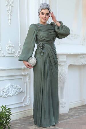 Drape Detaylı Çağla Yeşili Tesettür Abiye Elbise 51203CY - 2