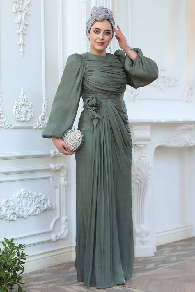 Drape Detaylı Çağla Yeşili Tesettür Abiye Elbise 51203CY - 2