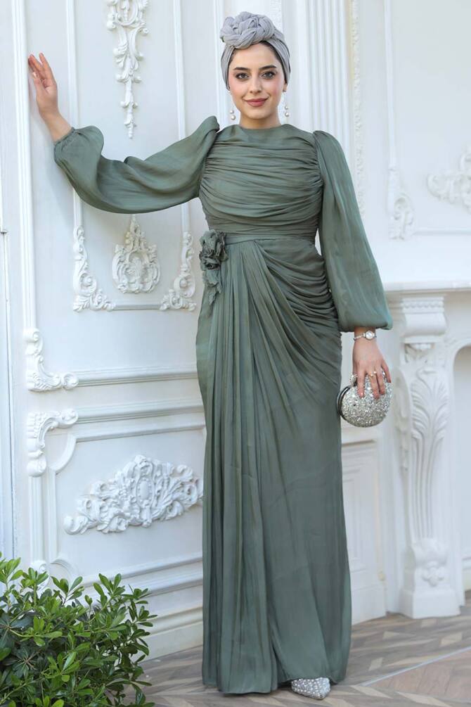 Drape Detaylı Çağla Yeşili Tesettür Abiye Elbise 51203CY - 3