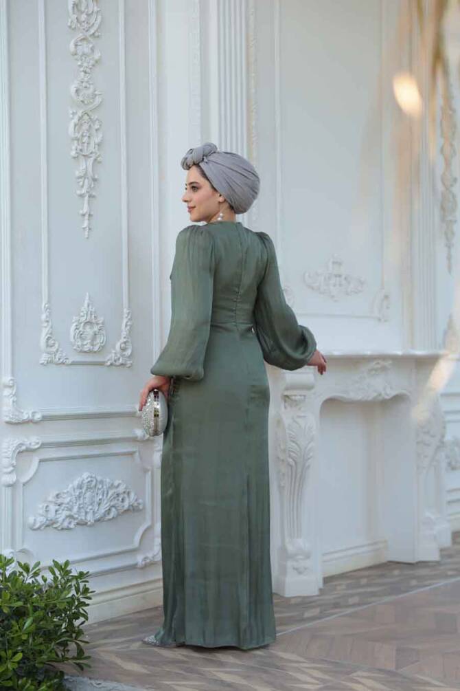 Drape Detaylı Çağla Yeşili Tesettür Abiye Elbise 51203CY - 4