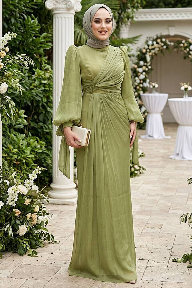 Drape Detaylı Çağla Yeşili Tesettür Abiye Elbise 52285CY - 1