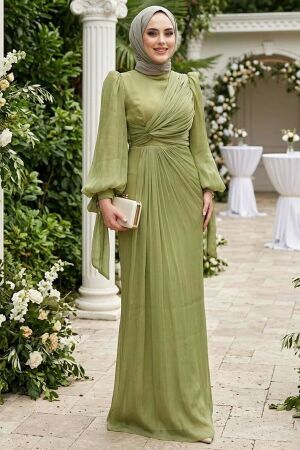 Drape Detaylı Çağla Yeşili Tesettür Abiye Elbise 52285CY 