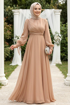 Drape Detaylı Camel Tesettür Abiye Elbise 4823C 