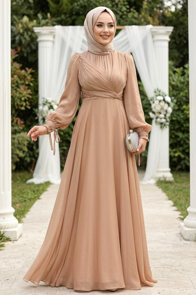 Drape Detaylı Camel Tesettür Abiye Elbise 4823C - 1