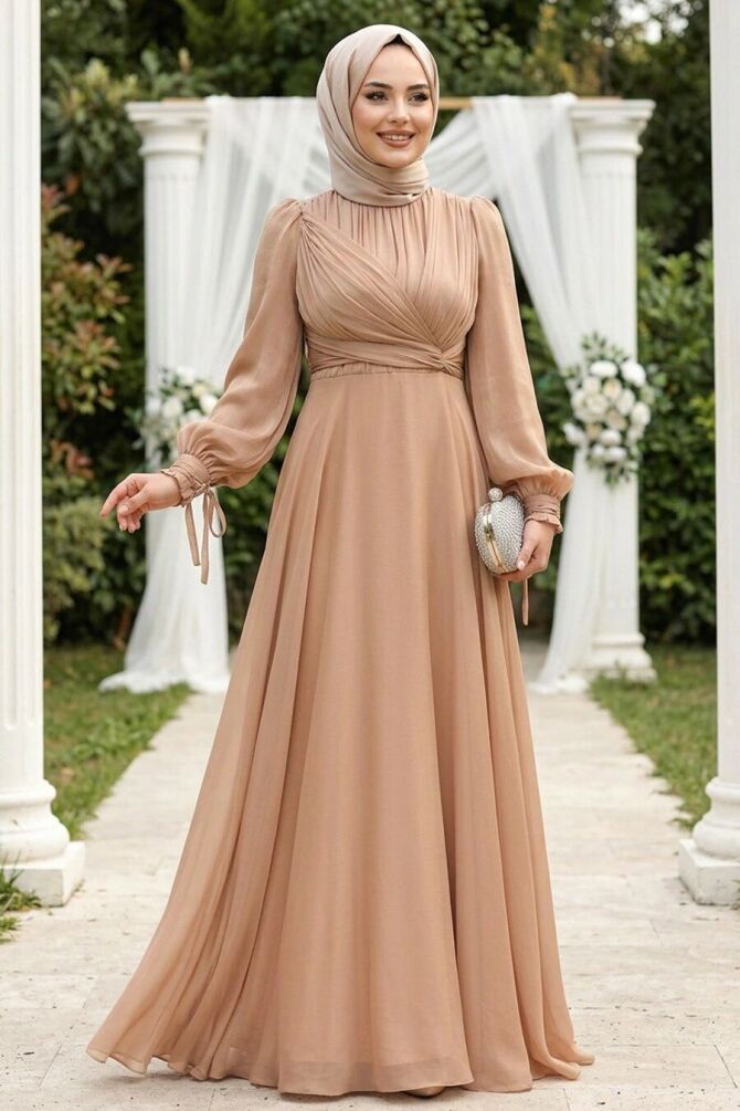 Drape Detaylı Camel Tesettür Abiye Elbise 4823C - 1