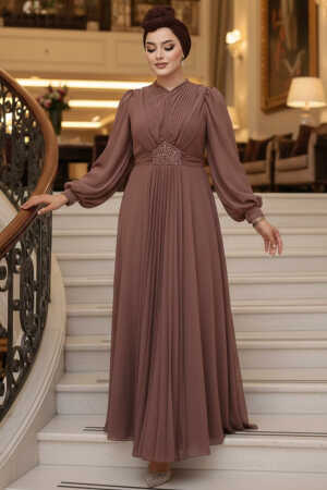  Drape Detaylı Çikolata Tesettür Abiye Elbise 4448CK - 1