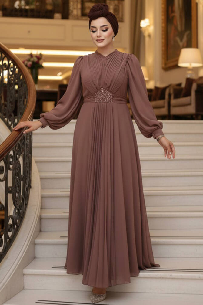  Drape Detaylı Çikolata Tesettür Abiye Elbise 4448CK - 1