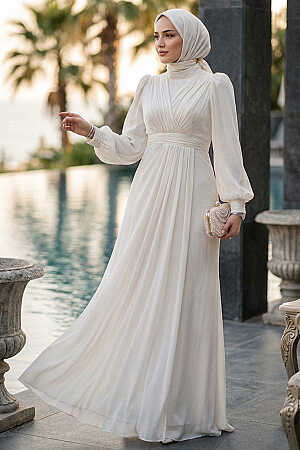  Drape Detaylı Ekru Tesettür Abiye Elbise 50921E - 2