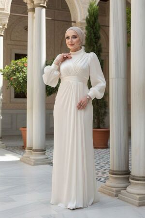  Drape Detaylı Ekru Tesettür Abiye Elbise 50921E 