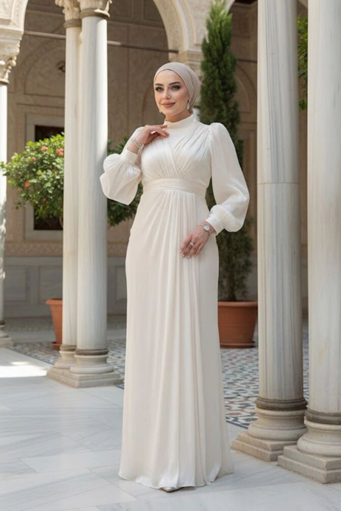  Drape Detaylı Ekru Tesettür Abiye Elbise 50921E - 1