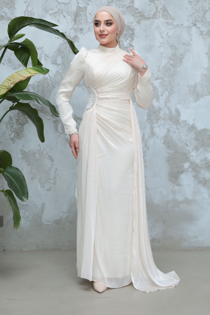 Drape Detaylı Ekru Tesettür Abiye Elbise 51481E - 1