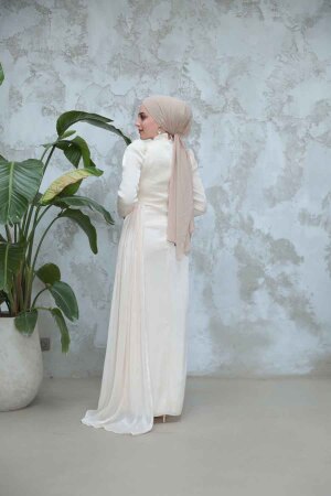 Drape Detaylı Ekru Tesettür Abiye Elbise 51481E - 2