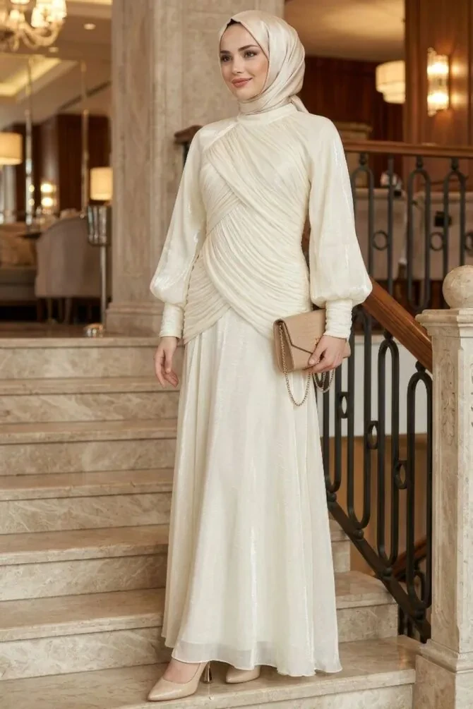  Drape Detaylı Ekru Tesettür Abiye Elbise 55821E - 1