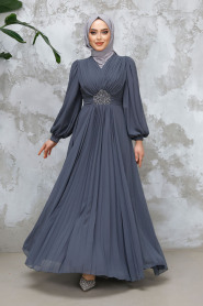 Drape Detaylı Füme Tesettür Abiye Elbise 4448FU - 1
