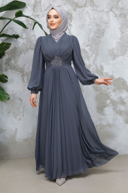 Drape Detaylı Füme Tesettür Abiye Elbise 4448FU - 2