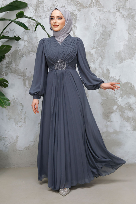 Drape Detaylı Füme Tesettür Abiye Elbise 4448FU - 2