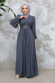 Drape Detaylı Füme Tesettür Abiye Elbise 4448FU - 3