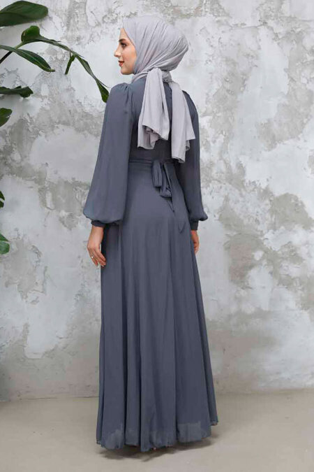 Drape Detaylı Füme Tesettür Abiye Elbise 4448FU - 4