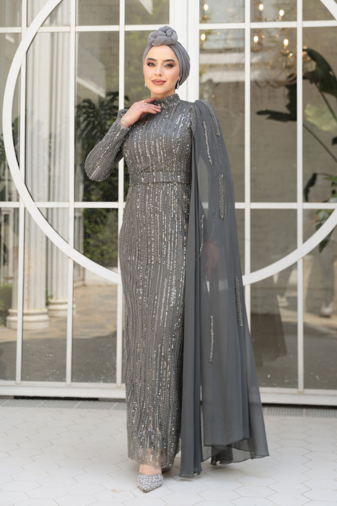 Drape Detaylı Füme Tesettür Abiye Elbise 49741FU - 1