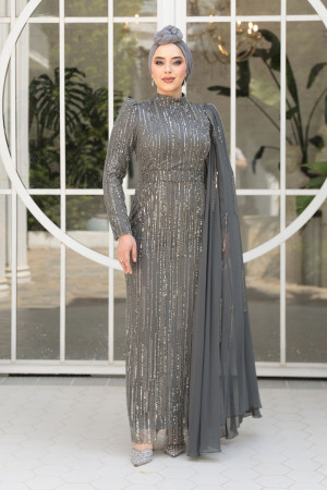 Drape Detaylı Füme Tesettür Abiye Elbise 49741FU - 4