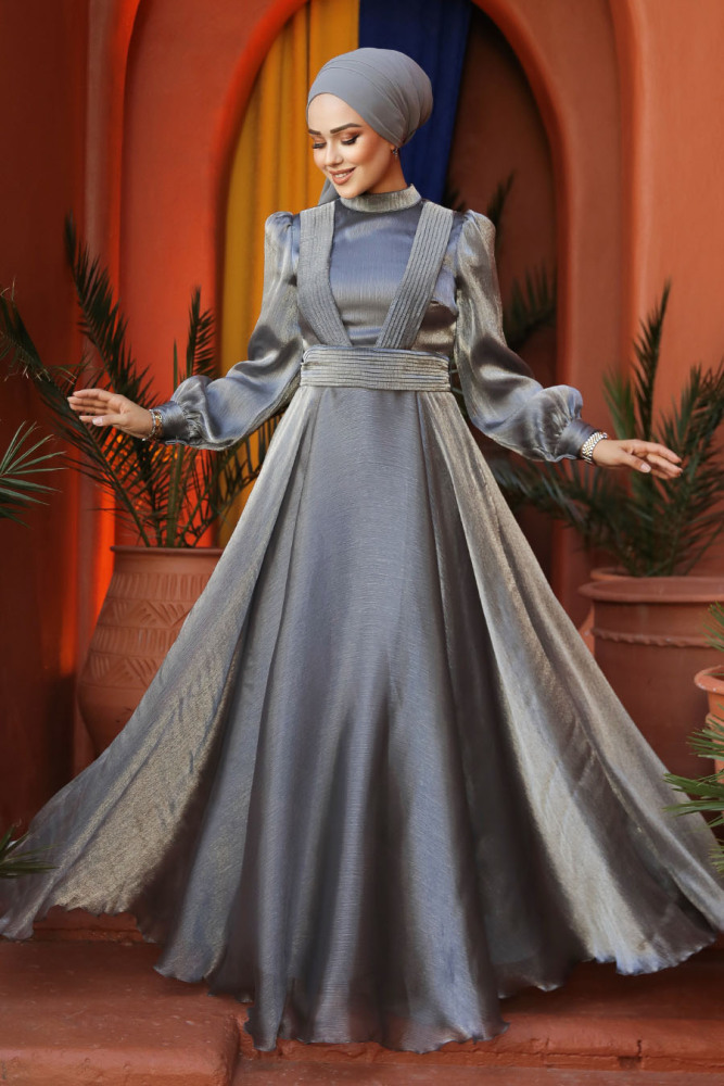 Drape Detaylı Gri Tesettür Abiye Elbise 45701GR - 1