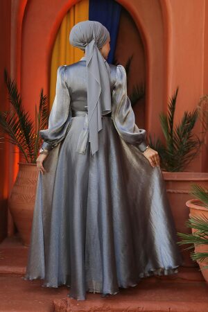 Drape Detaylı Gri Tesettür Abiye Elbise 45701GR - 8