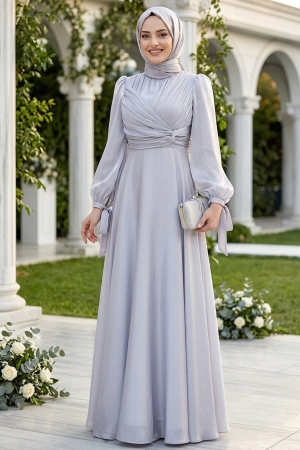 Drape Detaylı Gri Tesettür Abiye Elbise 4823GR 