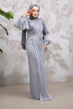 - Drape Detaylı Gri Tesettür Abiye Elbise 50193GR - 2